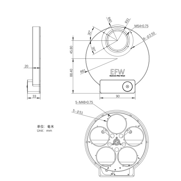 ZWO 5x50.8mm Roue filtrante EFW 5 positions (2")