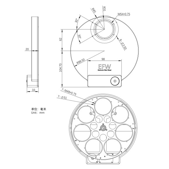 ZWO 7x50.8mm Roue filtrante EFW 7 positions (2")
