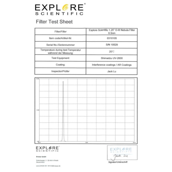 EXPLORE SCIENTIFIC Filtre à bande étroite Filtre nébulaire O-III 6.5nm