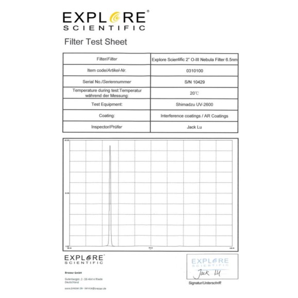 EXPLORE SCIENTIFIC Filtre à bande étroite 2" pour nébuleuse O-III 6.5nm