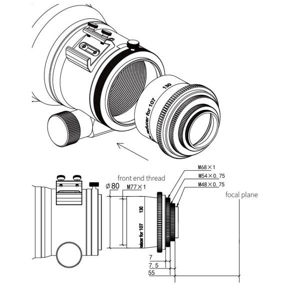 ZWO Réducteur d'aplatisseur 0,7x pour FF107 & FF130