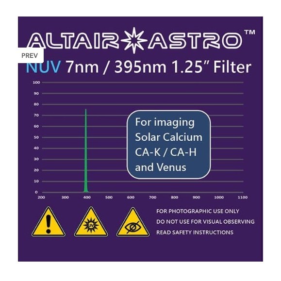 ALTAIR F125NUV395, 7nm, 1.25" filtre NUV - Calcium K-line et Vénus.