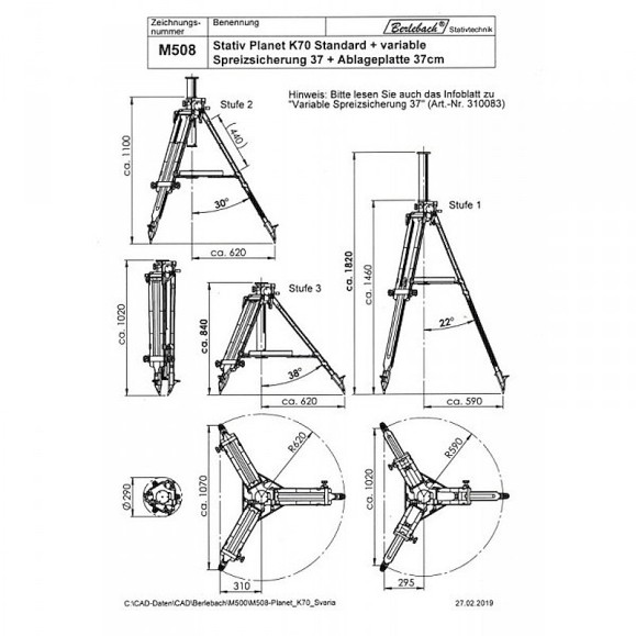 Berlebach Trépied PLANET K70 Colonne à réducteur avec plateau 37 cm + butée d'écartement