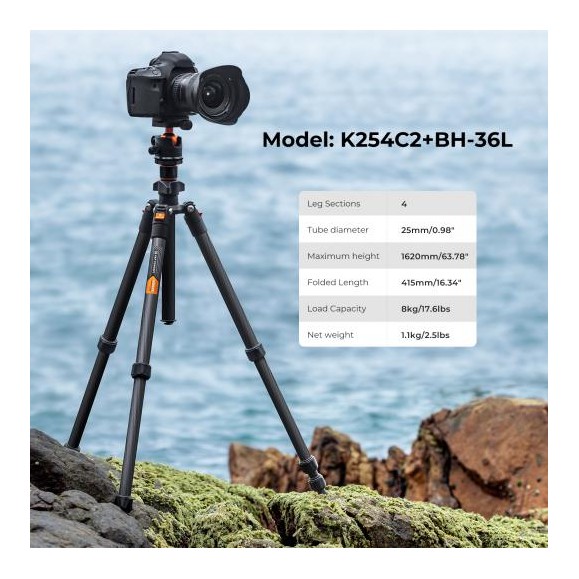 Trépied en fibre de carbone pour appareil photo avec rotule + plaque de déclenchement K&F